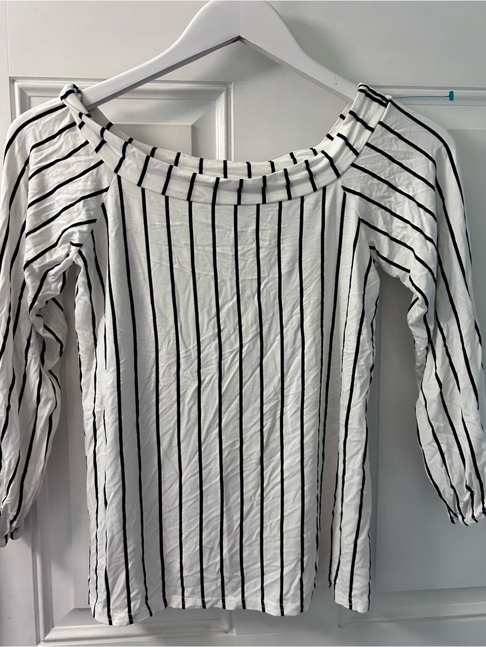 Boohoo White Long Sleeve Top with Black Vertical Stripes